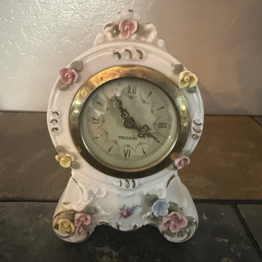 Vintage Dresden Mercedes Wind Up Miniature Porcelain Mantle Clock Germany-Works